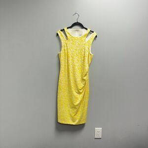 Cache Women's Yellow & White Floral Sheath Dress 6 Gathered Pleated Cut out